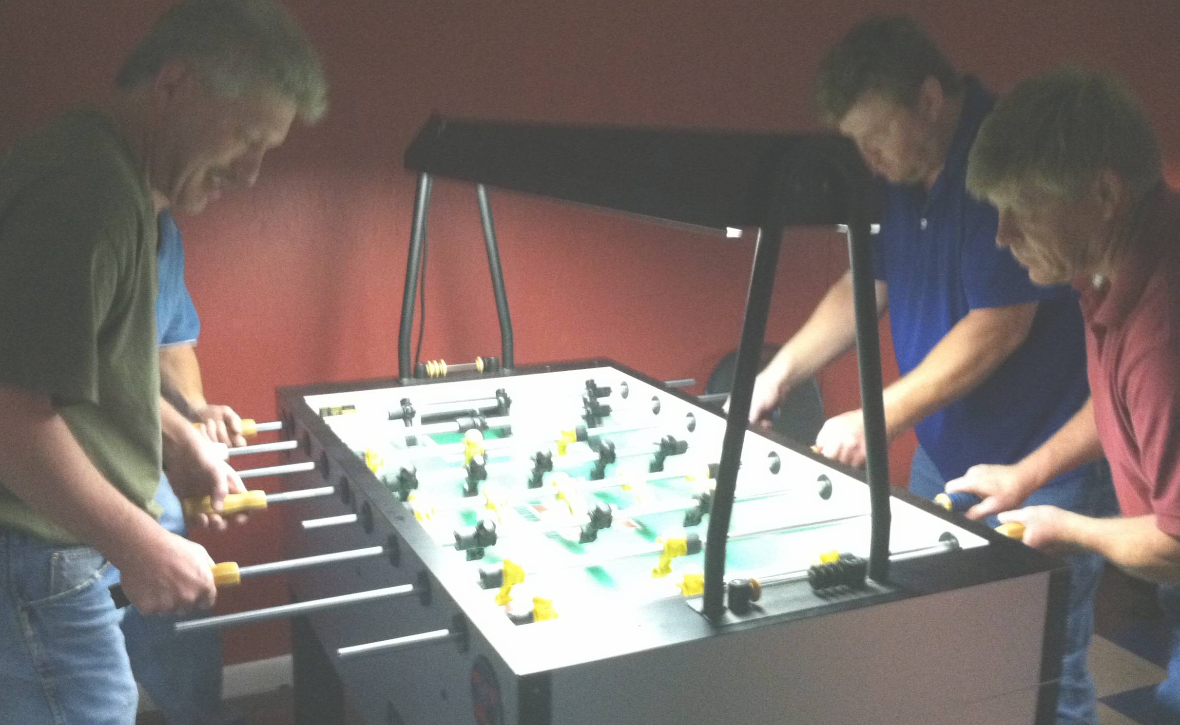 Locals battling during tournament competition in Cullman, the forwards pictured are Jim Wiggs against Dale Moore. Goalies are David Bagwell & Dave Thomas.