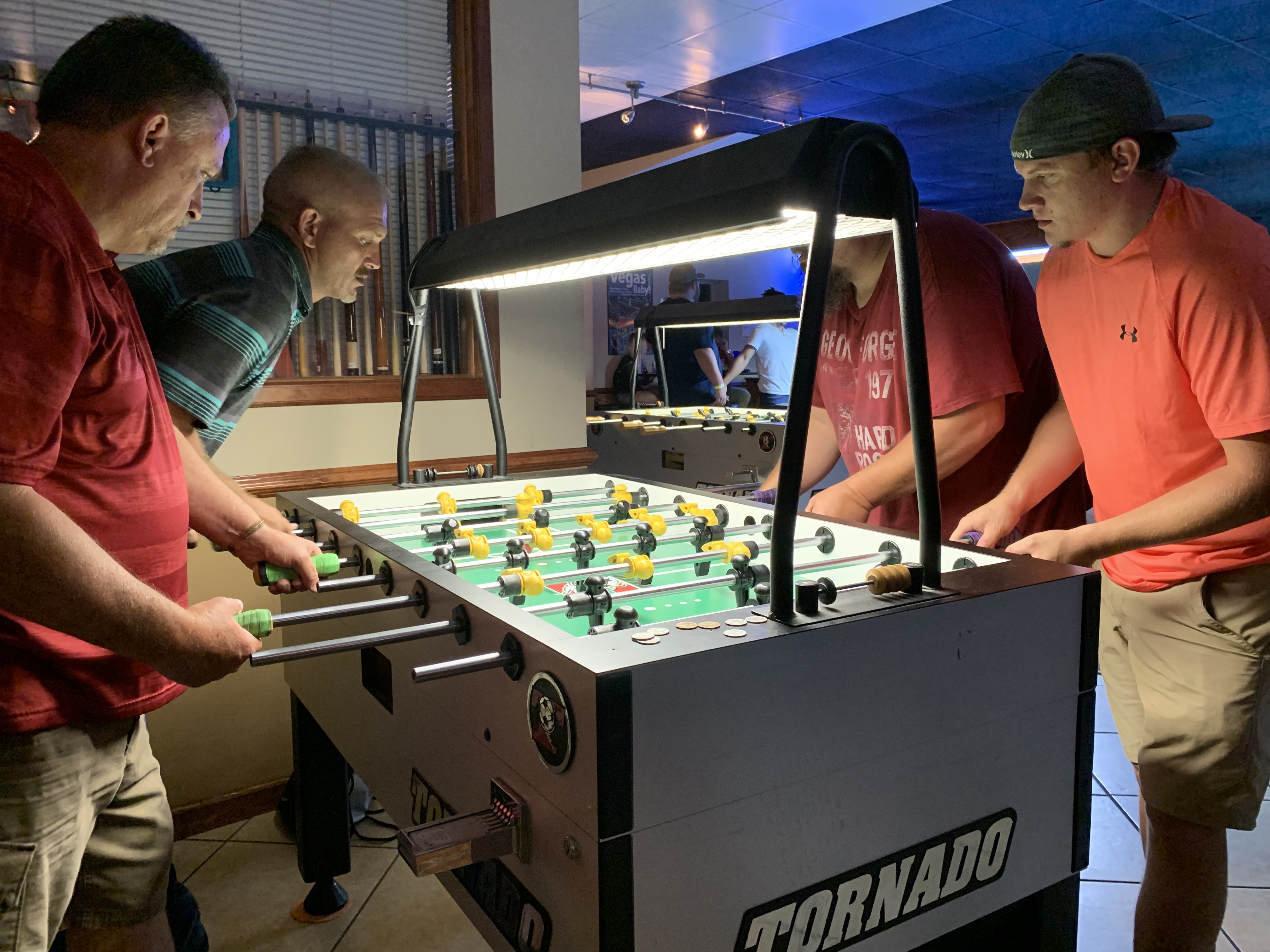 Pictured is Jerry Stewart & Jeremy Monroe vs Al Widok & Stephen Darby during 2019 foosball tournament action at 6 Pockets Bar & Billiards in Decatur,AL.