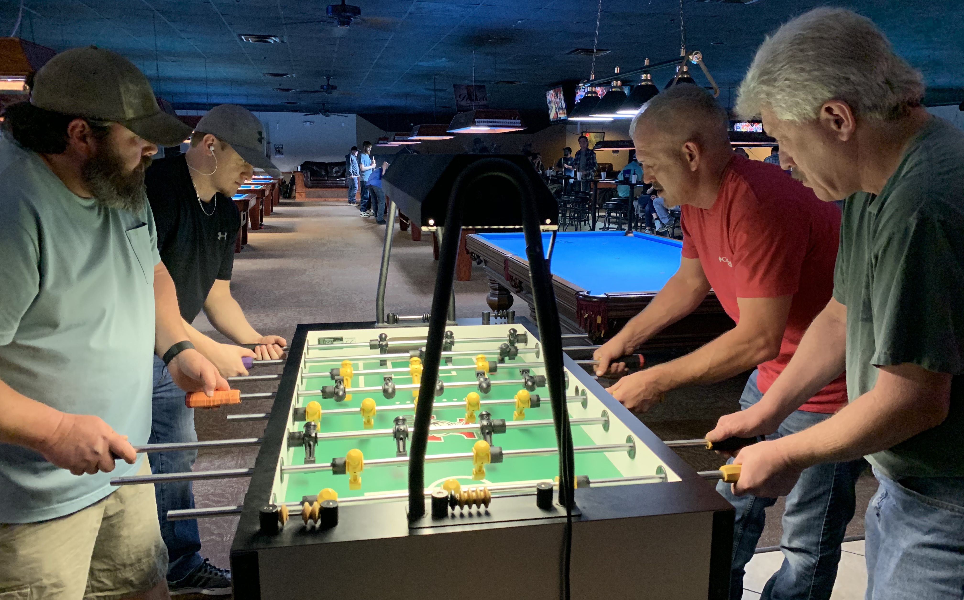 Open Doubles champs at the 2020 Bama Bad Boy event, Jeremy Monroe & Jim Wiggs, are shown on the right during competition at 6 Pockets Bar & Billiards in Decatur,AL.