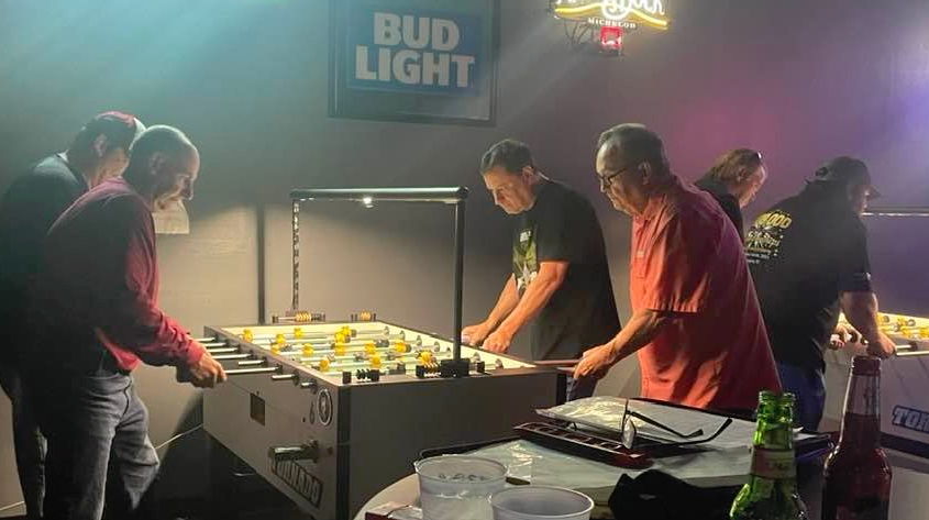 Foos-Wednesday Spot' DYP action in Madison, shown playing is Dale Moore & Rodney Jenkins vs James Porter & Terry Lamb. Also shown is John Smith & Al Widok May 25, 2022.